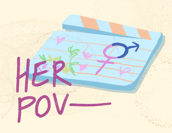 A movie director's sign with gender symbols on it with text "HER POV"