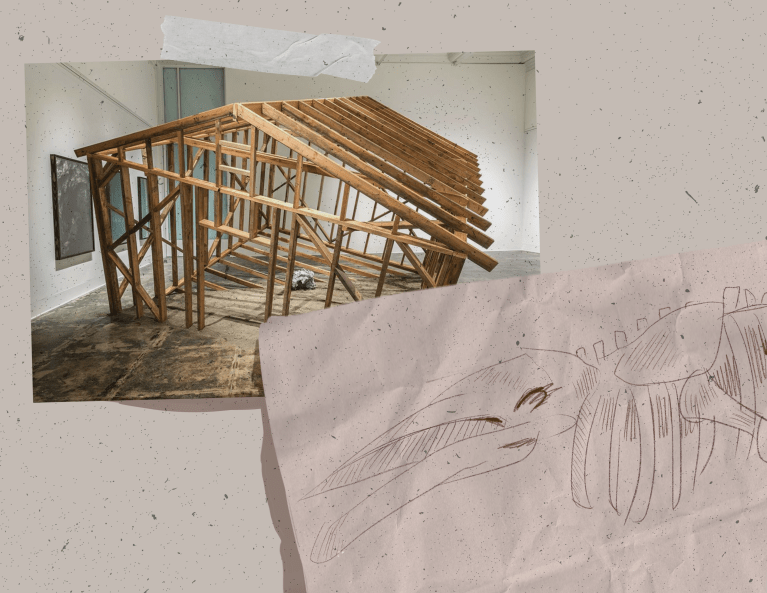 Graphic of Mark Baugh-Sasaki's wooden installation and picture of his sketch of whale fossils