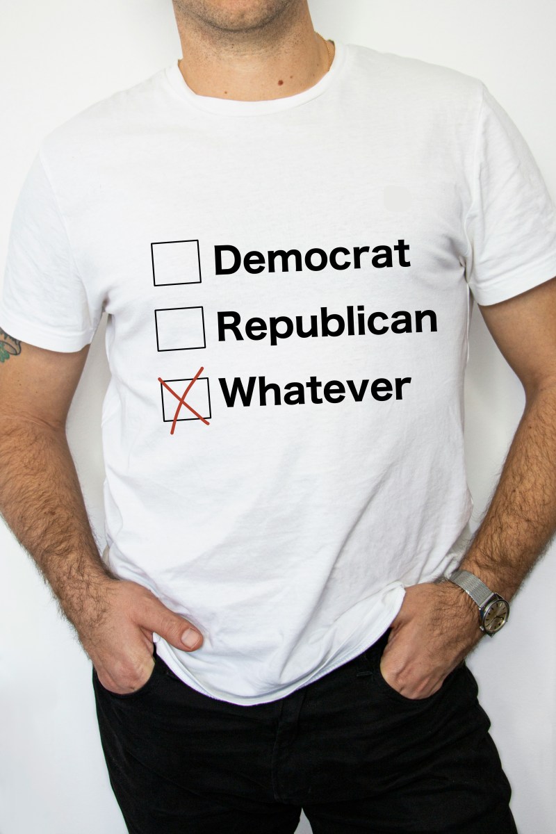 A shirt with three check boxes for Democrat, Republican and whatever. The "whatever" box is checked.