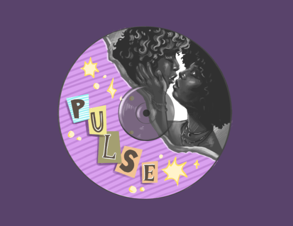 A vinyl with the title of column, "Pulse," and a drawing of two women about to kiss on it