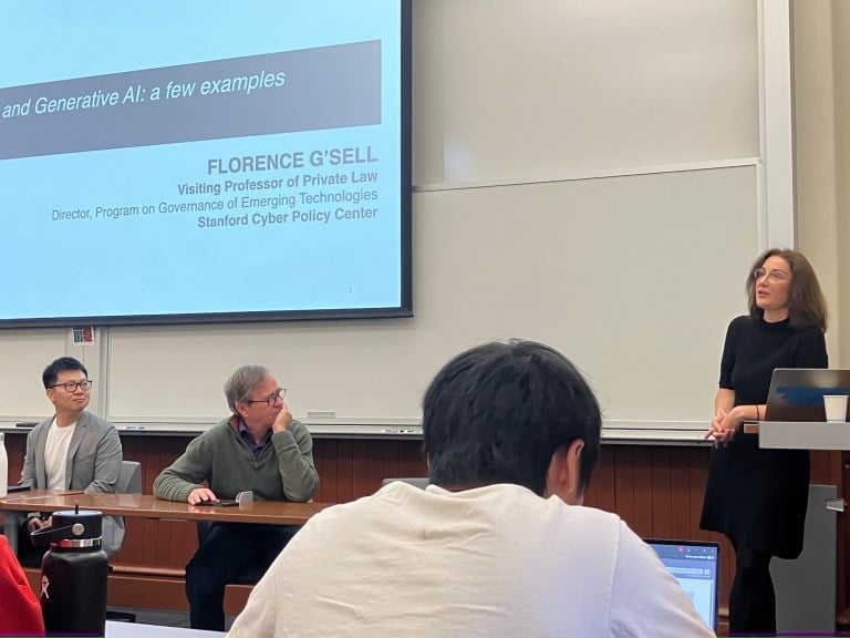 Panelists speak at a Democracy Day event about the impact of AI on public trust in democratic institutions. (BHUSHAN MOHANRAJ/The Stanford Daily)