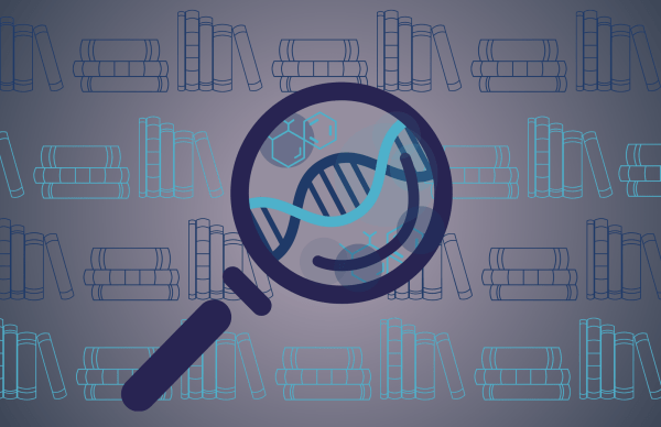 Illustration of a magnifying glass focusing on a blue strand of DNA, with rows of books in the background.