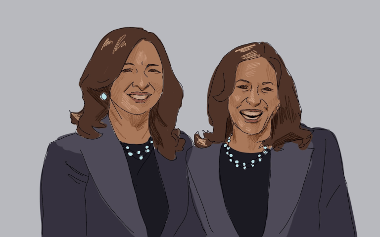 Vice President Kamala Harris joined Maya Rudolph for a Saturday Night Live skit to joke about Trump’s inability to open doors and discuss the upcoming presidential election. (Graphic: DA-HEE KIM/The Stanford Daily)