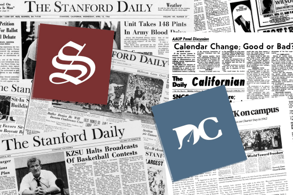 The Stanford Daily and Daily Cal newspaper logos sit apart on top of newspaper clippings.