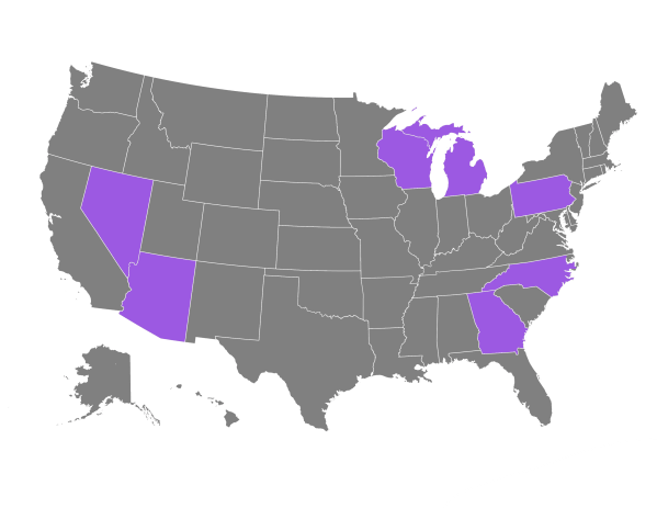 Map of the United States with the seven swing states highlighted in purple.