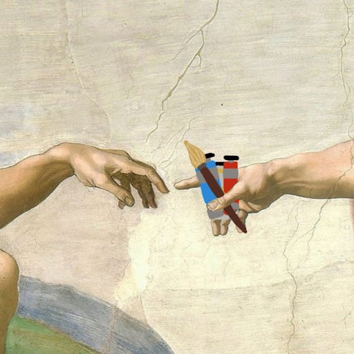 Graphic of Michelangelo's "Creation of Adam" with an edit of handing over paint